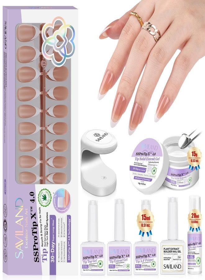 SAVILAND Press On Nails For Women: 4-In-1 French Tip Press On Nails Acrylic 15 Sizes Press On Nails Almond Medium Strong Nail Glue for Press Ons U V Light Nail Glue Remover A-F Primer French Tip Tool - Image 1